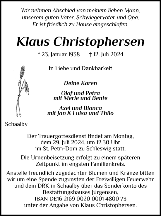 Traueranzeige von Klaus Christophersen von Flensburger Tageblatt