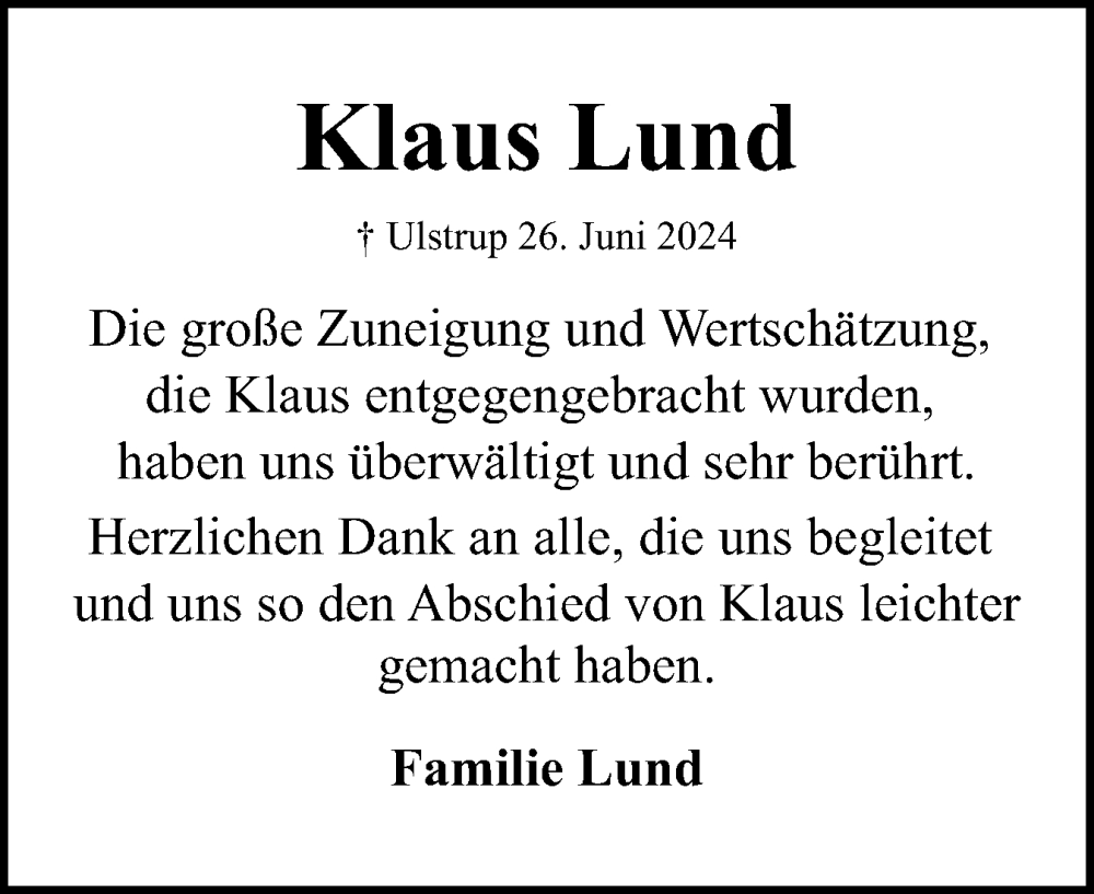  Traueranzeige für Klaus Lund vom 20.07.2024 aus Flensburger Tageblatt, Schleswiger Nachrichten, Schlei-Bote