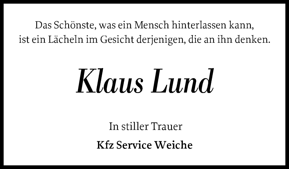  Traueranzeige für Klaus Lund vom 06.07.2024 aus Flensburger Tageblatt
