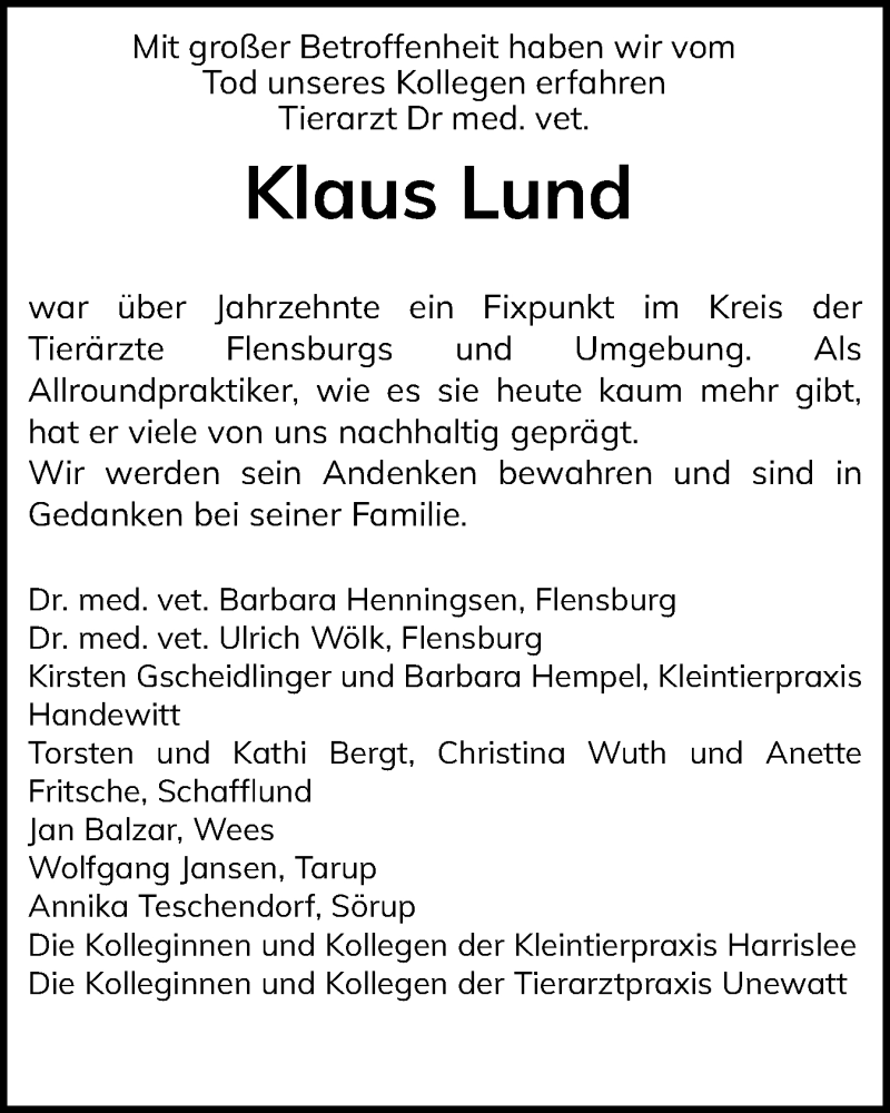  Traueranzeige für Klaus Lund vom 06.07.2024 aus Flensburger Tageblatt