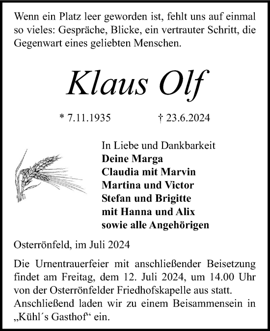Traueranzeige von Klaus Olf von Schleswig-Holsteinische Landeszeitung