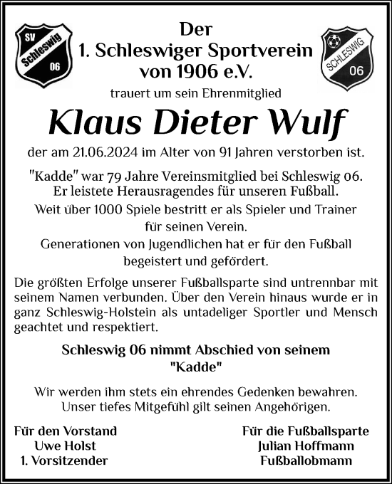 Traueranzeige von Klaus Dieter Wulf von Schleswiger Nachrichten, Schlei-Bote