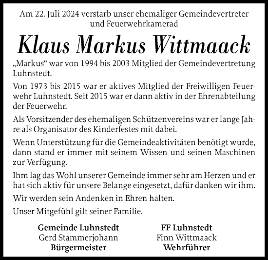 Traueranzeige von Klaus Markus Wittmaack von Schleswig-Holsteinische Landeszeitung