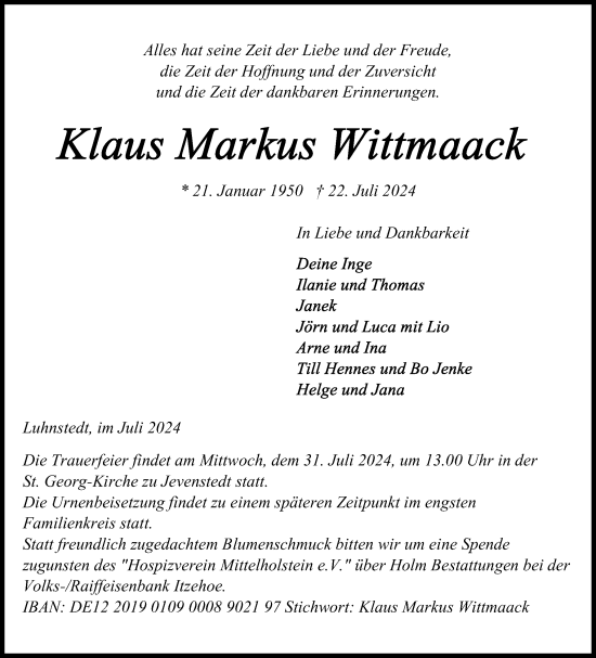 Traueranzeige von Klaus Markus Wittmaack von Schleswig-Holsteinische Landeszeitung