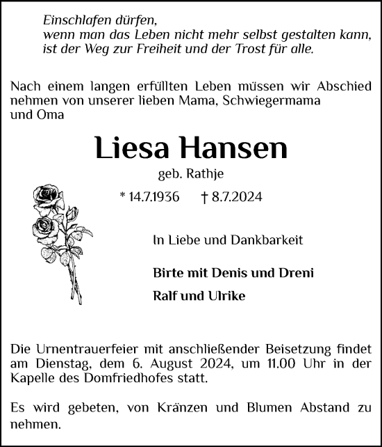Traueranzeige von Liesa Hansen von Schleswiger Nachrichten, Schlei-Bote