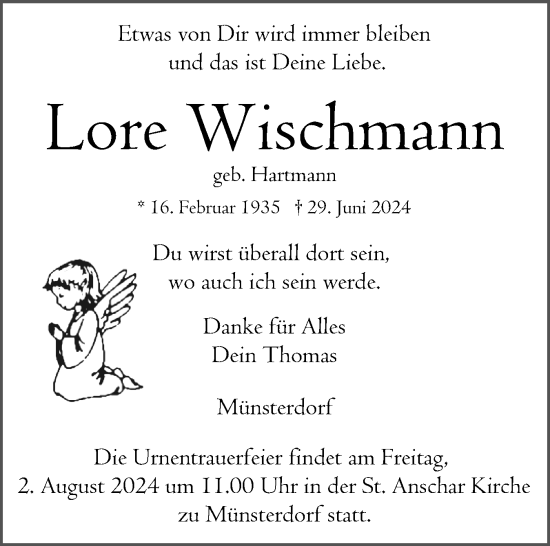 Traueranzeige von Lore Wischmann von Norddeutsche Rundschau, Wilstersche Zeitung, Glückstädter Fortuna