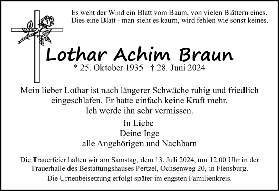 Traueranzeige von Lothar Achim Braun von Flensburger Tageblatt