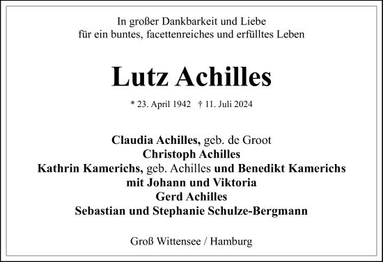 Traueranzeige von Lutz Achilles von Eckernförder Zeitung, Hallo Eckernförde