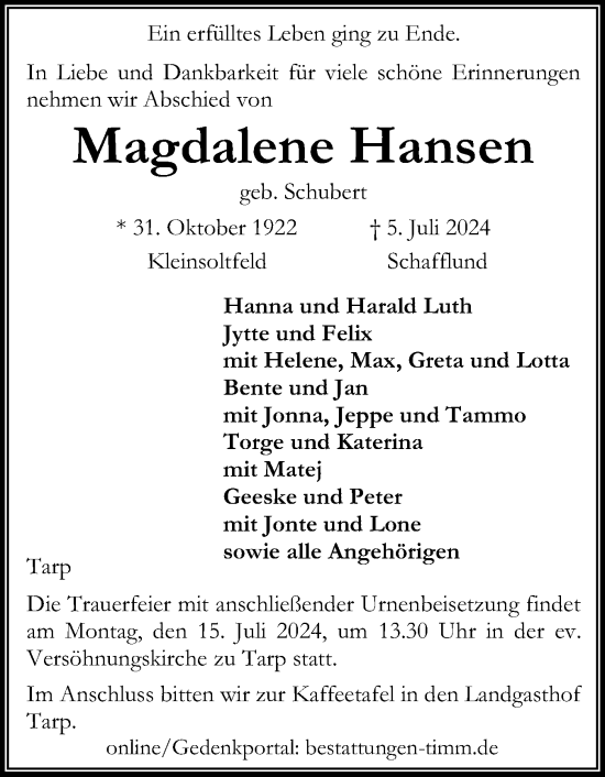 Traueranzeige von Magdalene Hansen von Flensburger Tageblatt