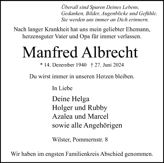Traueranzeige von Manfred Albrecht von Norddeutsche Rundschau, Wilstersche Zeitung, Glückstädter Fortuna
