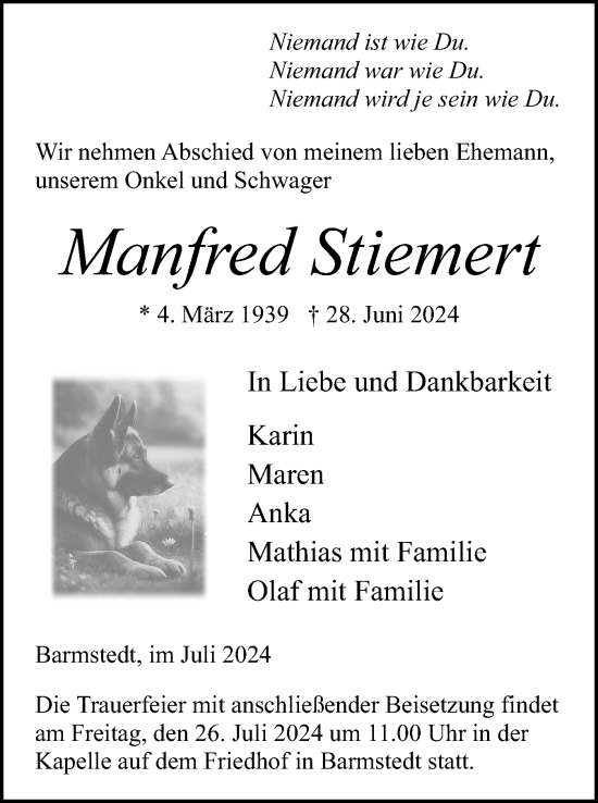 Traueranzeige von Manfred Stiemert von Elmshorner Nachrichten, Barmstedter Zeitung