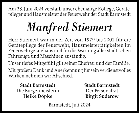 Traueranzeige von Manfred Stiemert von Elmshorner Nachrichten, Barmstedter Zeitung