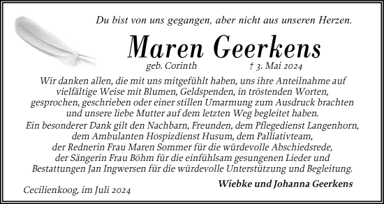 Traueranzeige von Maren Geerkens von Husumer Nachrichten, Nordfriesland Tageblatt