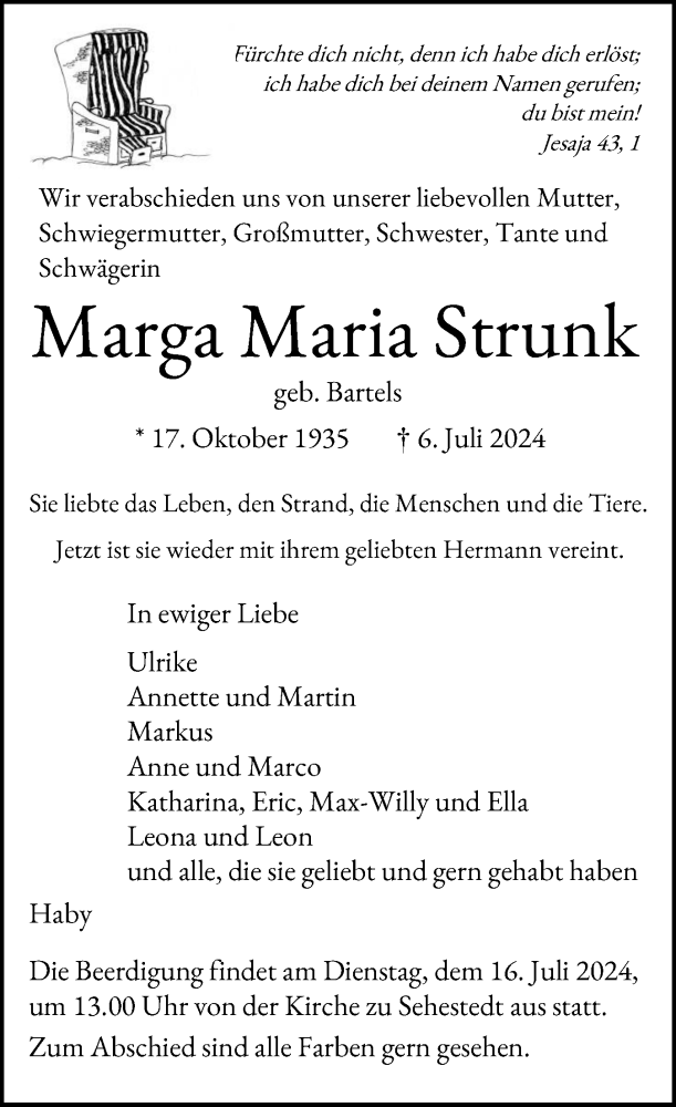  Traueranzeige für Marga Maria Strunk vom 10.07.2024 aus Eckernförder Zeitung, Hallo Eckernförde