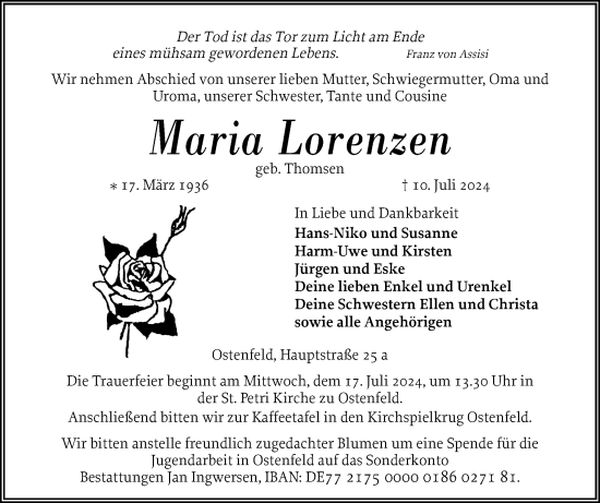 Traueranzeige von Maria Lorenzen von Husumer Nachrichten, Nordfriesland Tageblatt