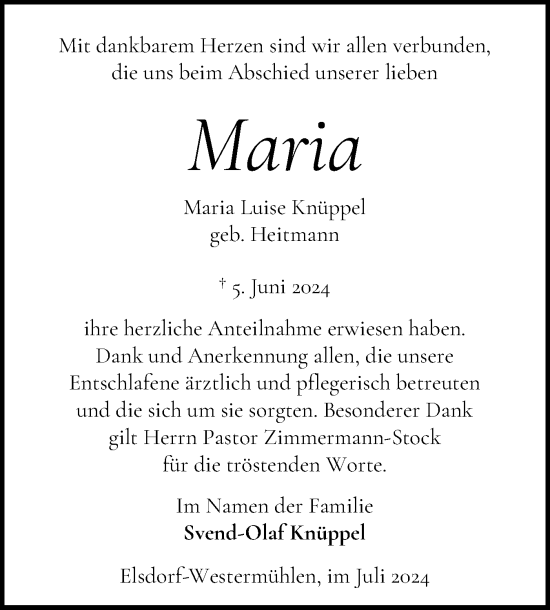 Traueranzeige von Maria Luise Knüppel von Schleswig-Holsteinische Landeszeitung