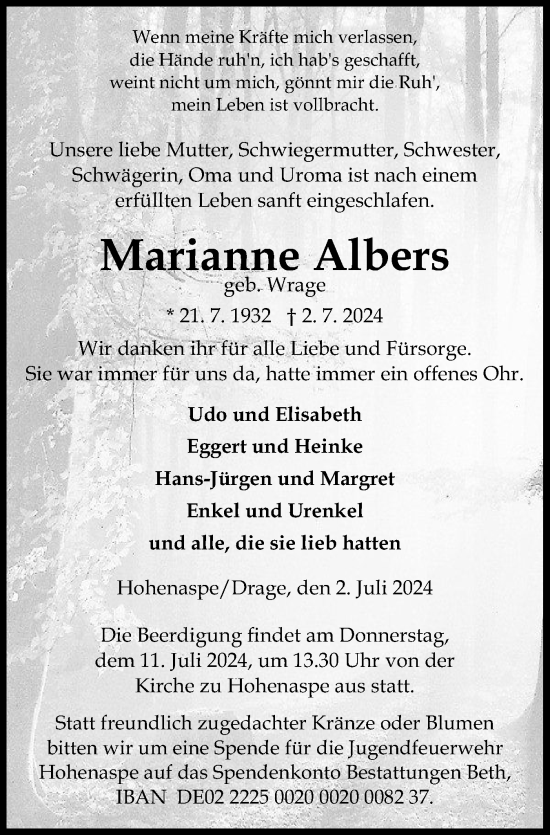 Traueranzeige von Marianne Albers von Norddeutsche Rundschau, Wilstersche Zeitung, Glückstädter Fortuna