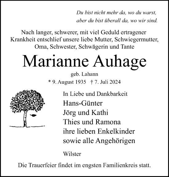 Traueranzeige von Marianne Auhage von Norddeutsche Rundschau, Wilstersche Zeitung, Glückstädter Fortuna