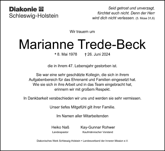 Traueranzeige von Marianne Trede-Beck von Schleswig-Holsteinische Landeszeitung