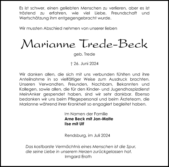 Traueranzeige von Marianne Trede-Beck von Schleswig-Holsteinische Landeszeitung