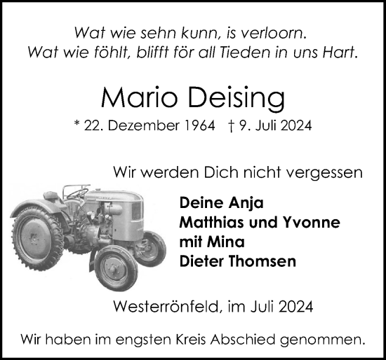 Traueranzeige von Mario Deising von Schleswig-Holsteinische Landeszeitung