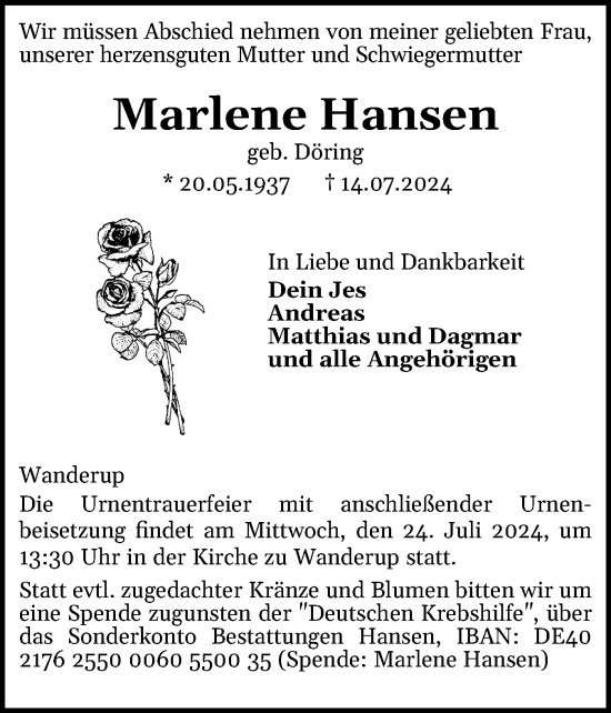 Traueranzeige von Marlene Hansen von Flensburger Tageblatt