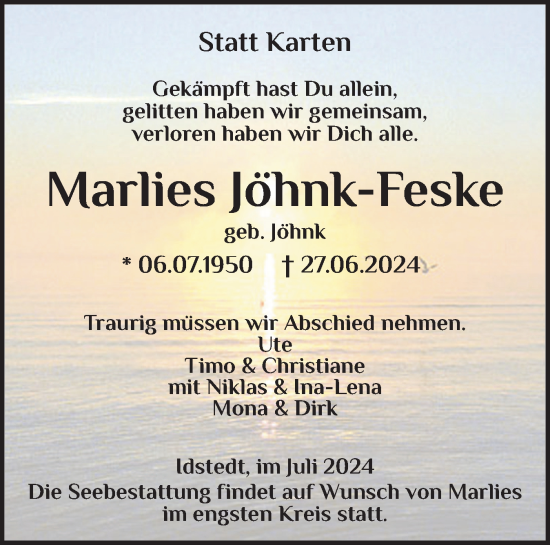 Traueranzeige von Marlies Jöhnk-Feske von Flensburger Tageblatt, Schleswiger Nachrichten, Schlei-Bote