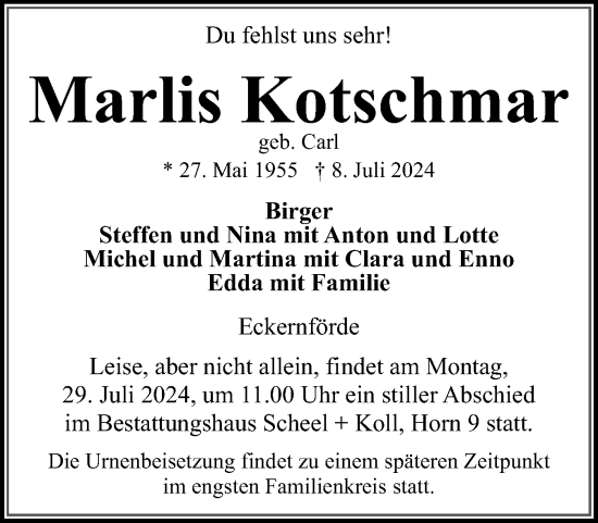 Traueranzeige von Marlis Kotschmar von Eckernförder Zeitung, Hallo Eckernförde