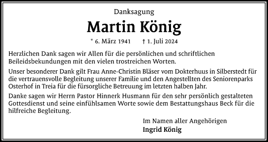 Traueranzeige von Martin König von Schleswiger Nachrichten, Schlei-Bote
