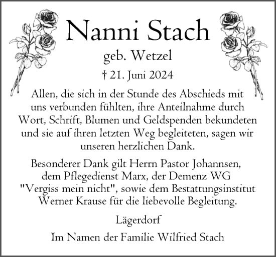 Traueranzeige von Nanni Stach von Norddeutsche Rundschau, Wilstersche Zeitung, Glückstädter Fortuna