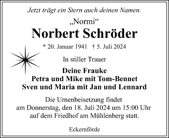 Traueranzeige von Norbert Schröder von Eckernförder Zeitung, Hallo Eckernförde