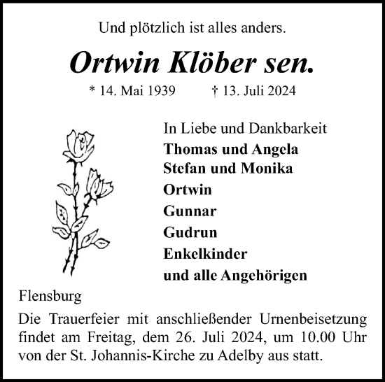 Traueranzeige von Ortwin Klöber sen. von Flensburger Tageblatt