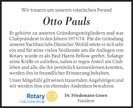 Traueranzeige von Otto Pauls von Eckernförder Zeitung, Hallo Eckernförde