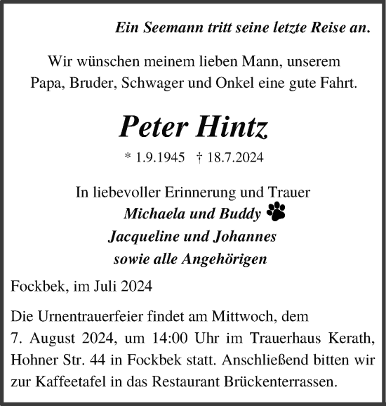 Traueranzeige von Peter Hintz von Schleswig-Holsteinische Landeszeitung