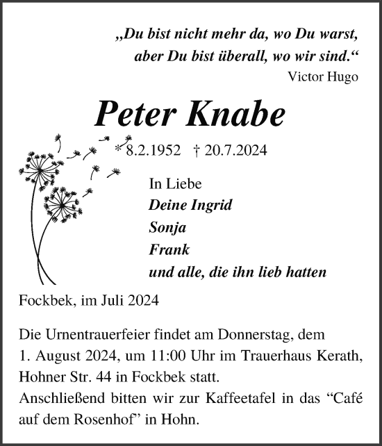 Traueranzeige von Peter Knabe von Schleswig-Holsteinische Landeszeitung