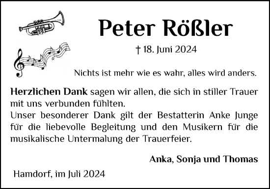 Traueranzeige von Peter Rößler von Schleswig-Holsteinische Landeszeitung