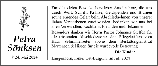 Traueranzeige von Petra Sönksen von Husumer Nachrichten, Nordfriesland Tageblatt