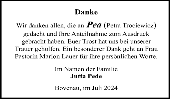 Traueranzeige von Petra Trociewicz von Schleswig-Holsteinische Landeszeitung