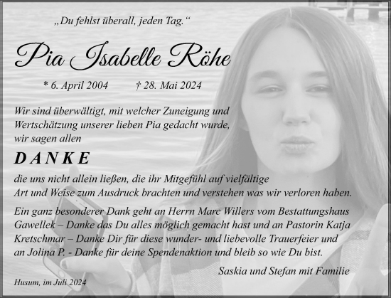 Traueranzeige von Pia Isabelle Röhe von Husumer Nachrichten, Nordfriesland Tageblatt