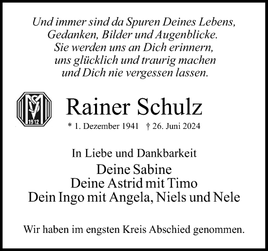 Traueranzeige von Rainer Schulz von Uetersener Nachrichten, Der tip am Wochenende