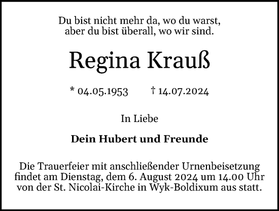 Traueranzeige von Regina Krauß von Der Insel-Bote