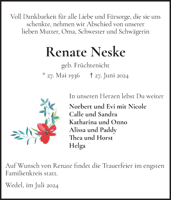 Traueranzeige von Renate Neske von Wedel-Schulauer Tageblatt, tip Wedel-Schulauer Tageblatt, tip Rissener Rundschau
