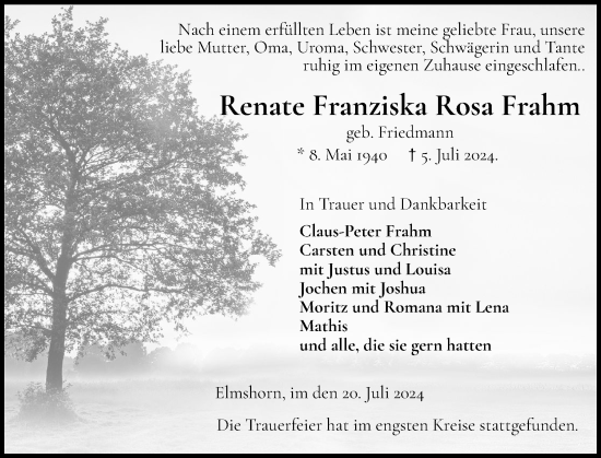 Traueranzeige von Renate Franziska Rosa Frahm von Elmshorner Nachrichten, Barmstedter Zeitung