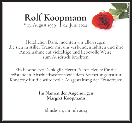 Traueranzeige von Rolf Koopmann von Elmshorner Nachrichten, Barmstedter Zeitung