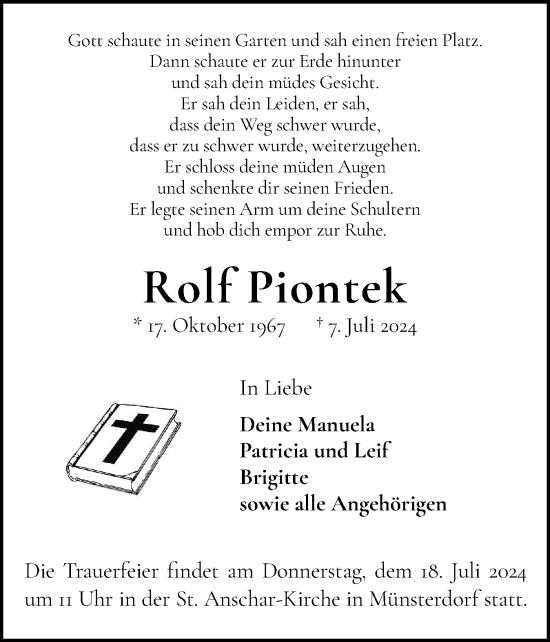 Traueranzeige von Rolf Piontek von Norddeutsche Rundschau, Wilstersche Zeitung, Glückstädter Fortuna