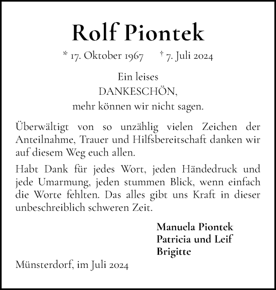 Traueranzeige von Rolf Piontek von Norddeutsche Rundschau, Wilstersche Zeitung, Glückstädter Fortuna