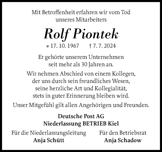 Traueranzeige von Rolf Piontek von Norddeutsche Rundschau, Wilstersche Zeitung, Glückstädter Fortuna