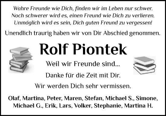 Traueranzeige von Rolf Piontek von Norddeutsche Rundschau, Wilstersche Zeitung, Glückstädter Fortuna