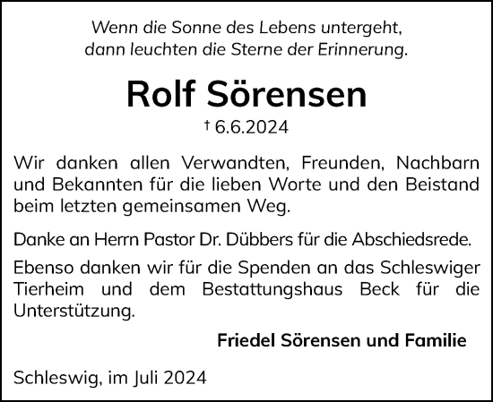 Traueranzeige von Rolf Sörensen von Schleswiger Nachrichten, Schlei-Bote