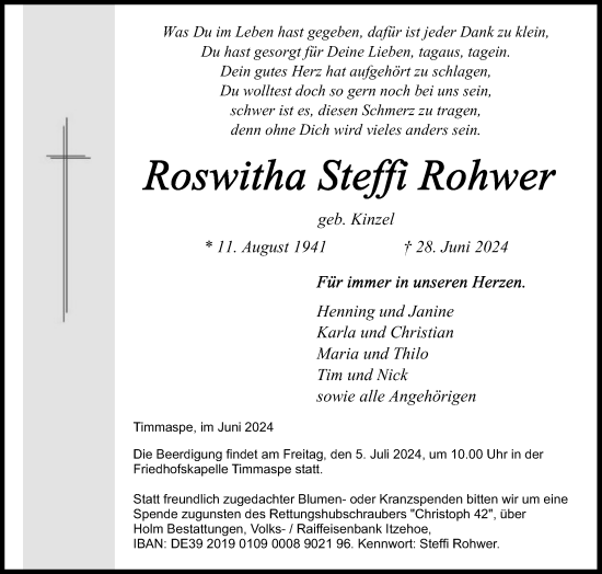 Traueranzeige von Roswitha Steffi Rohwer von Schleswig-Holsteinische Landeszeitung